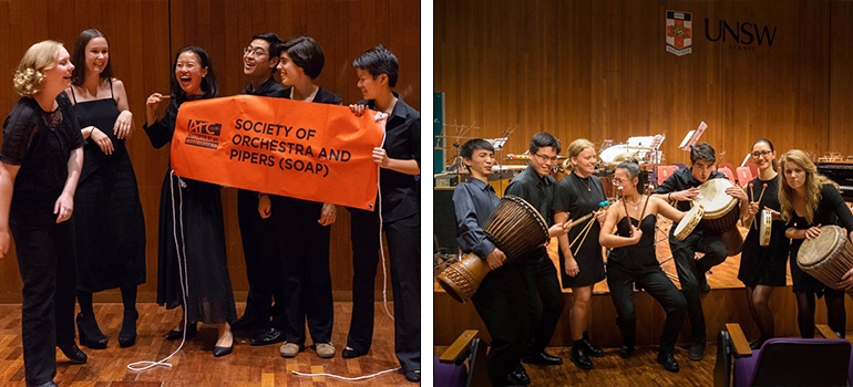 Left: UNSW Society of Orchestra and Pipers executive 2018. Right: UNSW Wind Symphony Percussion Section 2017 