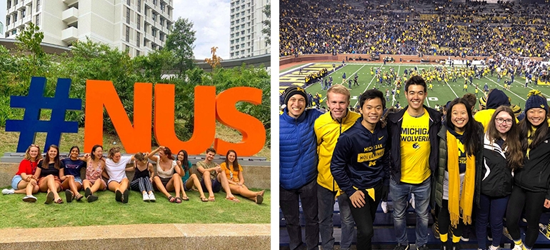 Exchange friends on Utown Lawn, National University of Singapore and Football game at Michigan Stadium